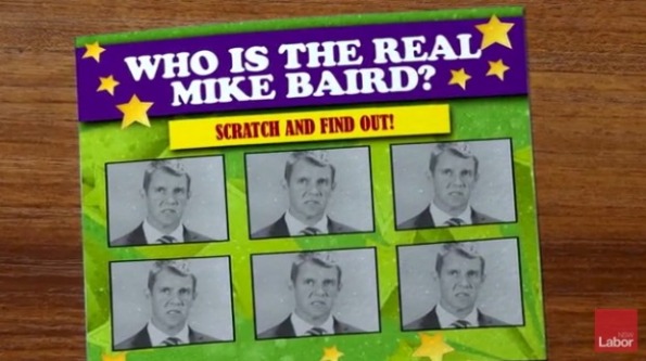 Thẻ cào của ALP, kêu gọi cào để bóc trần bộ mặt thật của Mike Baird, thủ hiên đương nhiệm. Ảnh SMH